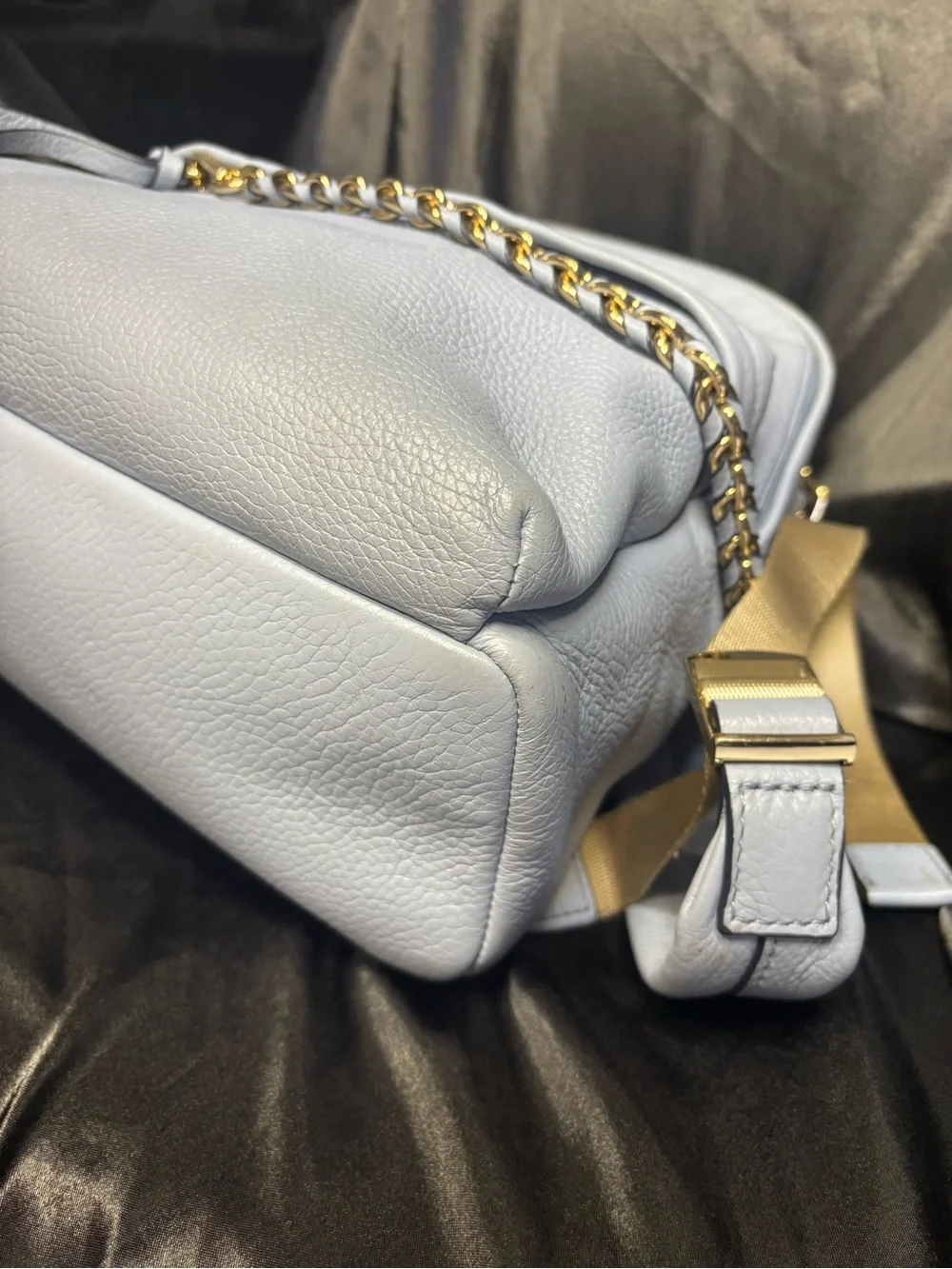 Michael Kors Slater Medium Pebbled Leather Backpack in a pale blue with dust bag